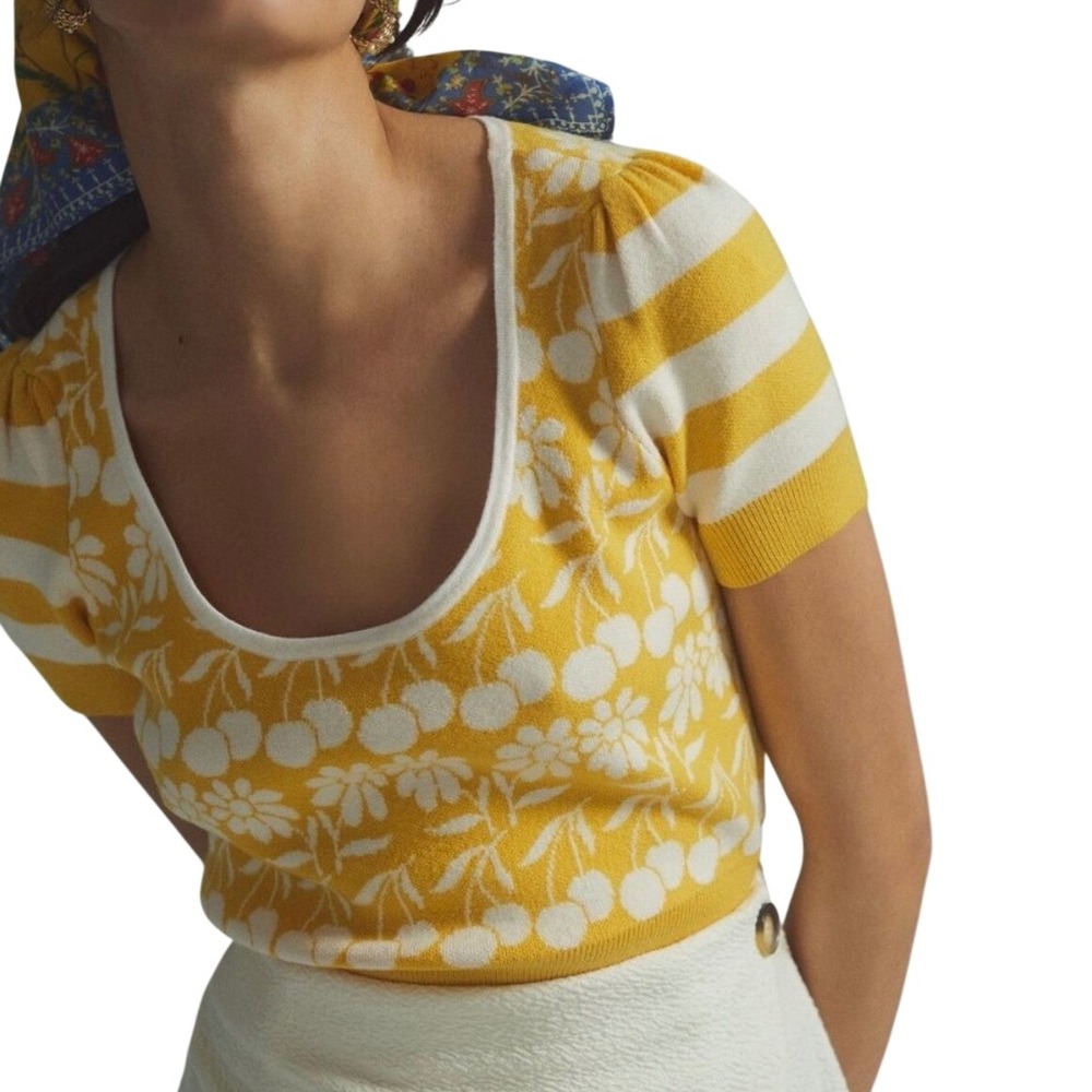 Maeve by Anthropologie Trixie Sweater Tee Yellow Floral Cherry Knit Small Boho
